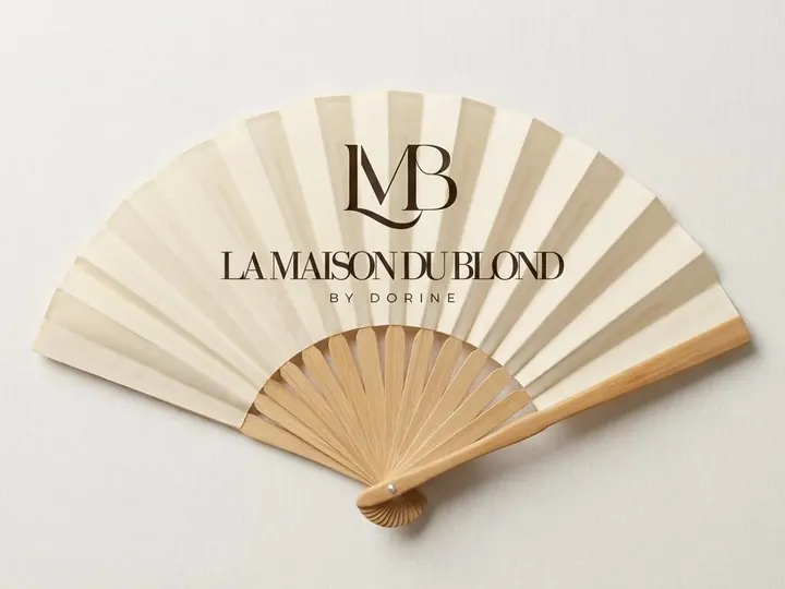 Éventail personnalisé La Maison du Blond — logo sur toile ivoire, monture bambou
